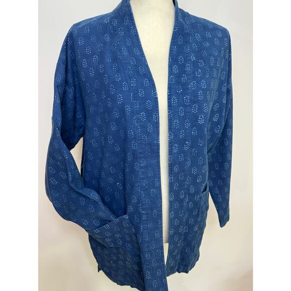Eileen Fisher Organic Cotton Blue Block Print Cotton Jacket Lightweight Size M - Picture 1 of 9